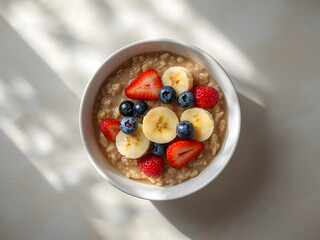 Delicious Oatmeal Delight: A vibrant and inviting breakfast bowl of oatmeal, artfully adorned with fresh strawberries, blueberries, and banana slices.
