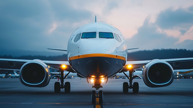 Airplane takeoff at airport aviation photography dynamic sky environment front view travel concept