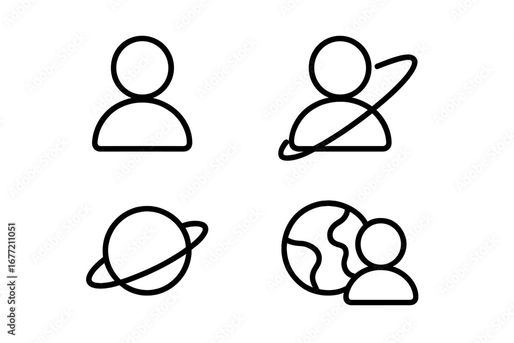 Poster user, planet, and globe icon set for web and graphic design. minimalistic thin line icons for ui ux.