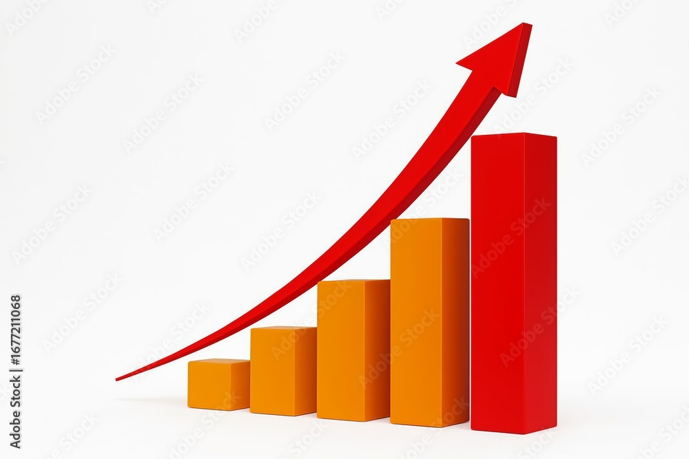 Poster red arrow pointing upwards over a bar graph showing increasing growth