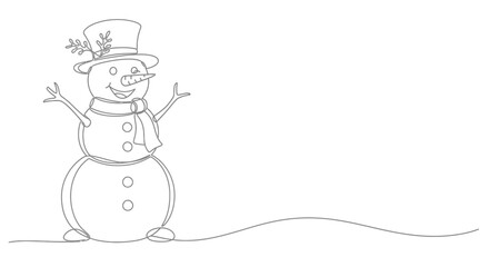 A cheerful snowman with a hat and scarf, arms outstretched, smiling happily.