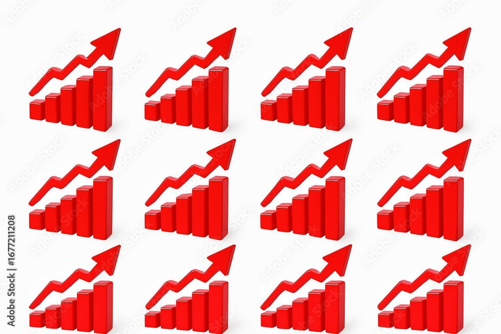 Poster multiple red bar graphs showing upward trends and growth