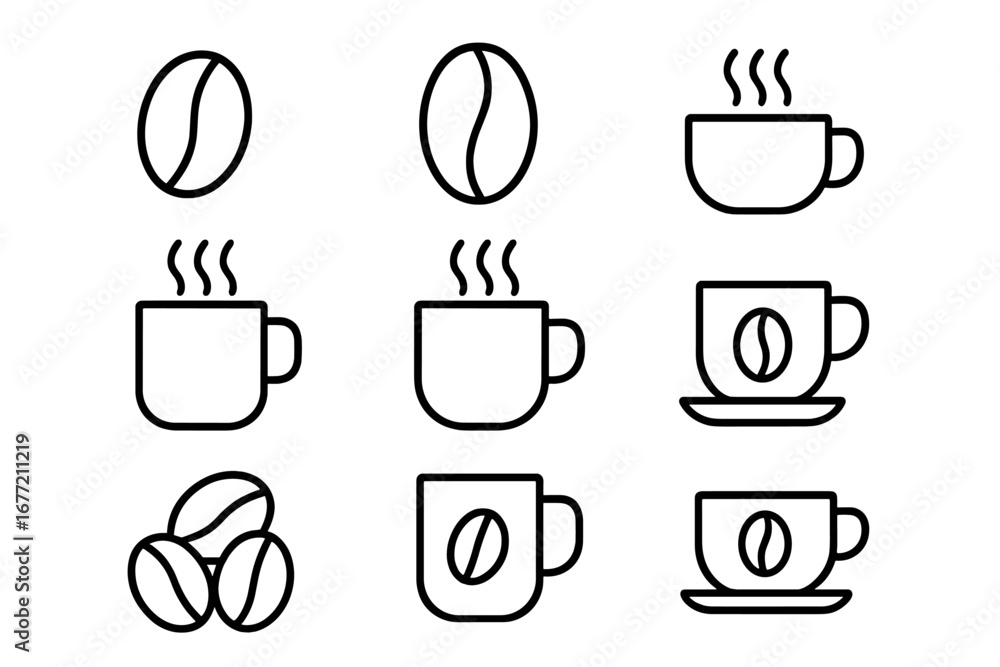 Poster coffee beans and mug thin line icon set. outline signs for graphic and web design. vector icons for 