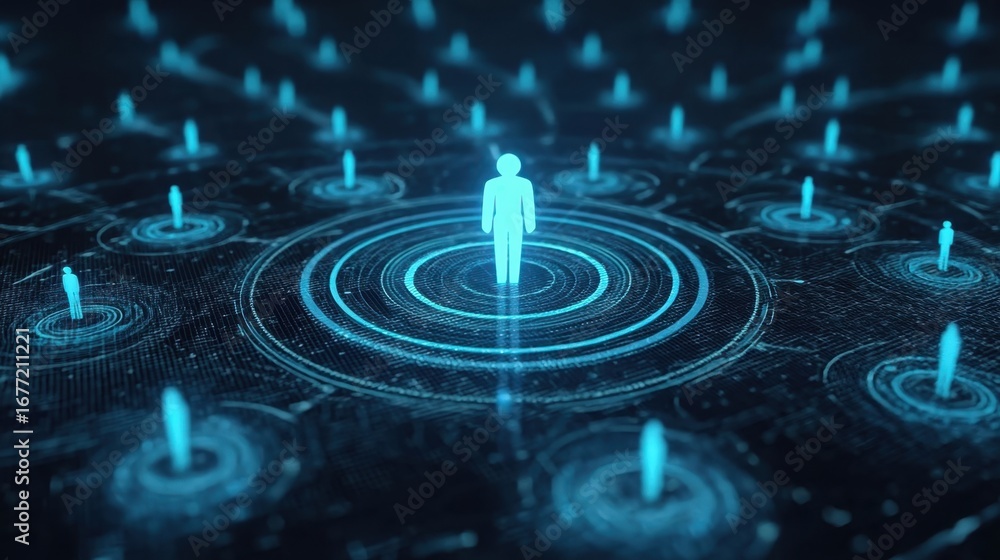 Poster futuristic digital network with human figure surrounded by glowing connections and data points repre