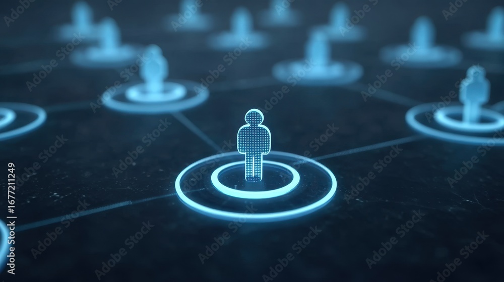 Poster digital network connections representing people in a virtual space with blue light circles and geome