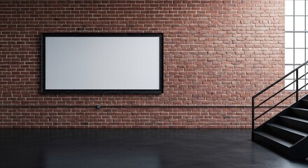 A large, blank horizontal frame for art or ads hangs on a red brick wall in a modern industrial loft with a staircase and dark concrete floor.