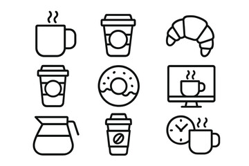 Coffee break line icon set. Modern outline style icons for cafe menu, apps, web design. Vector illustration of coffee cup, mug, donut, croissant, pot. Office breakfast concept.