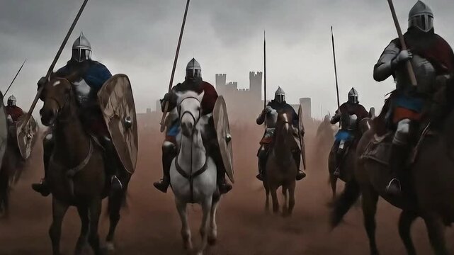 Medieval Warriors Mounted On Horses Charge Into Battle