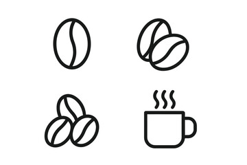 Coffee beans and hot mug line icon set. Simple vector outline symbols for cafe menu, espresso, and caffeine concepts. Modern pictogram illustration for web and app design.