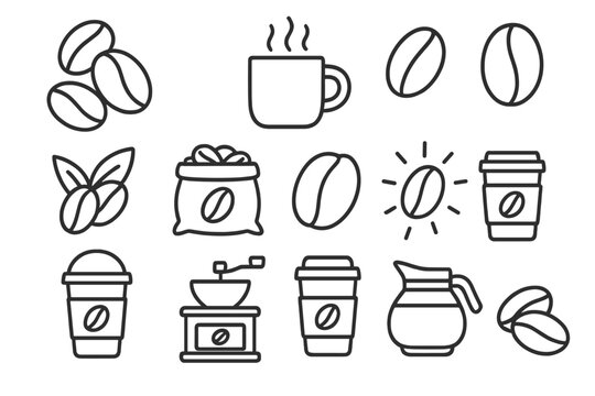 Coffee line icon set. Simple outline symbols for cafe menu. Vector elements of coffee bean, mug, cup, grinder, pot. Minimalist pictogram collection for web and app design.
