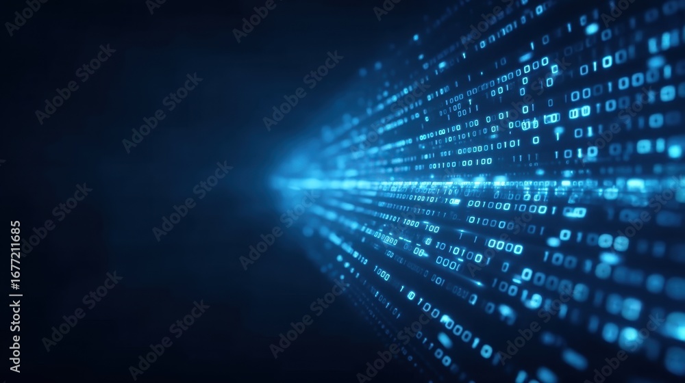 Poster futuristic digital data stream with blue binary code and glowing light effect in abstract technology