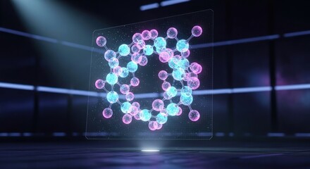Glowing molecular structure with pink and blue atoms displayed on a transparent screen in a dark room