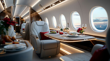 Luxury private jet interior dining experience in-flight high-end lifestyle spacious environment aerial view travel concept