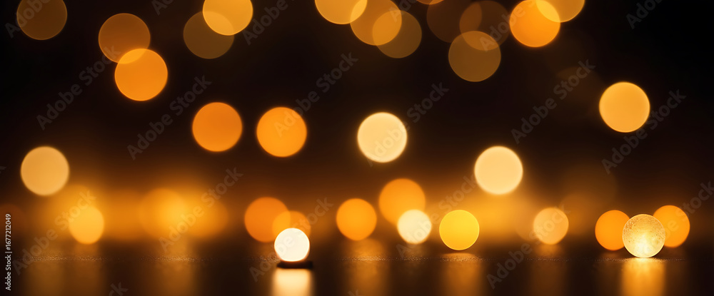 Poster softly blurred golden bokeh lights creating a warm and magical festive atmosphere on a dark backgrou