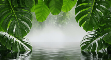 Tropical tranquility Lush green leaves frame serene water, nature's peaceful embrace