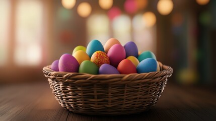 Naklejka premium Colorful easter egg hunt celebration in a cozy indoor setting with a basket of vibrant eggs captured in a warm festive atmosphere