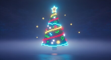 A pixelated christmas tree with a star on top and colorful lights against a blue background