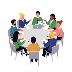 Diverse business team collaborates around a circular table, actively participating in a productive meeting with laptops and documents.