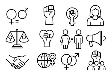 Feminism and gender equality line icon set. Women's rights, girl power, female empowerment, activism, protest concepts. Vector symbols for solidarity, social justice. Editable stroke.