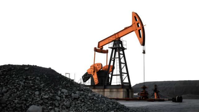 Oil pump jack petroleum energy industrial machine drilling rig equipment extraction field production well site on transparent background
