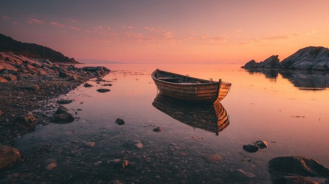 Abandoned Wooden Boat on Rocky Shore at Sunset with Soft Pink Sky and Calm Sea - Powered by Adobe