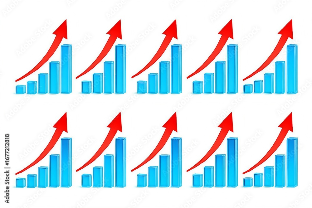 Poster multiple blue bar graphs showing upward trends with red arrows