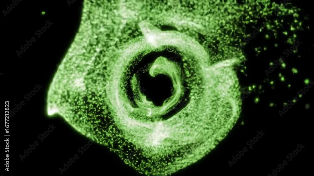 Aufkleber abstract green energy particle vortex. glowing particles swirling in dark space. science technology 
