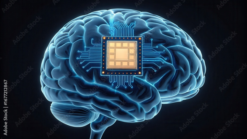 Poster low resolution electronic signal bridge embedded in brain concept