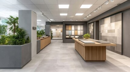 Modern showroom interior showcasing a variety of tiles textures and plants, promoting a sleek and contemporary design aesthetic for home decor