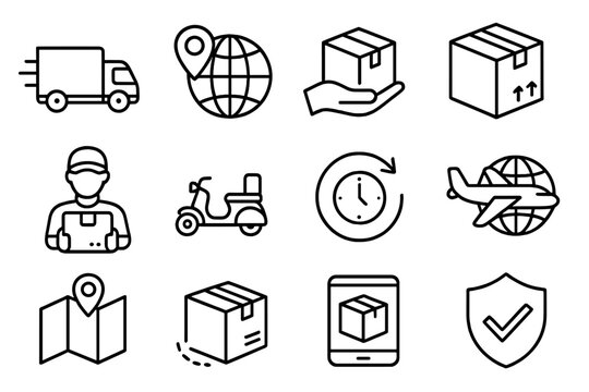 Global Delivery and Logistics Icons Bundle, Transport and Shipping Line Symbols for Web Design, Apps, Advertising, E-commerce, Courier, Tracking, Package Handling, Vector Illustration