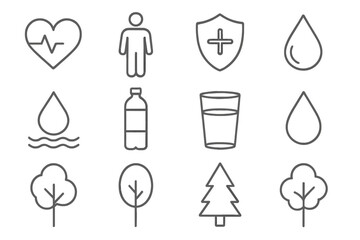 Health water tree icons set drawn with thin line style, collection of minimalist design elements for apps, websites, social media, wellness, hydration, environment, nature concept vector