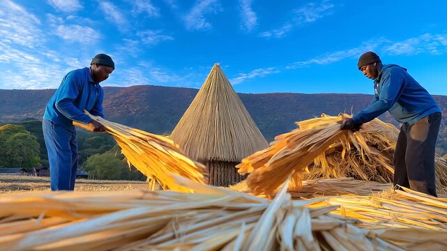 Harvesters cut corn stalks in a vast field under a clear sky with machetes swinging corn cobs stacking in crates a dog trotting alongside and a barn visible in the distance
