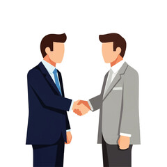 Obraz premium Two businessmen in suits shake hands, signifying a successful deal or partnership against a white background.