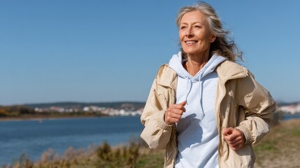 Elderly woman jogging by the river outdoor fitness activity for seniors natural environment inspirational lifestyle