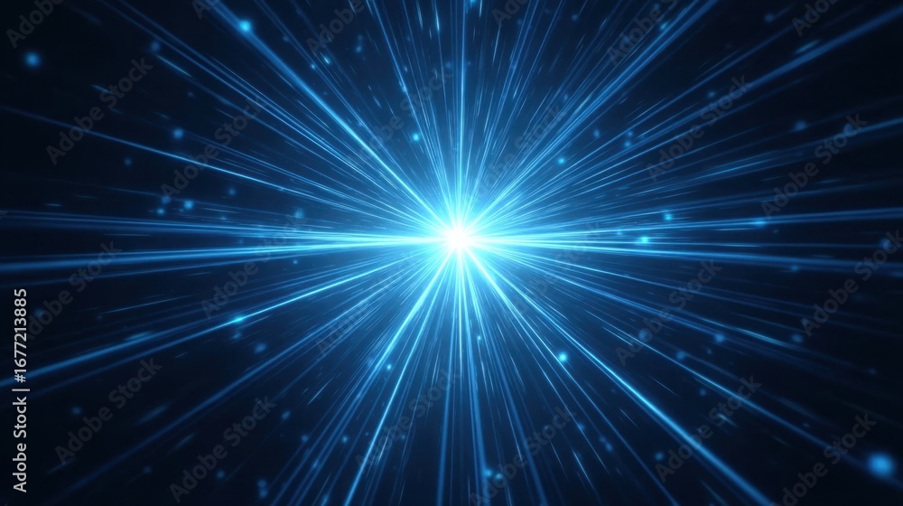 Poster dynamic blue light rays burst with sparkles and a bright center glowing against a dark background fo