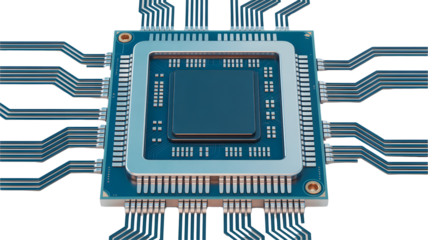Microchip technology processor electronics circuit board computer hardware silicon integrated system cpu chip 100 on transparent background