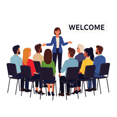 A welcoming businesswoman gives a presentation to a diverse group of attentive colleagues seated in chairs.