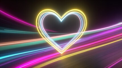 A vibrant heart of neon light pulses with love and energy surrounded by swift colored streaks on