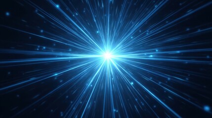 Naklejka premium Dynamic Blue Light Rays Burst with Sparkles and a Bright Center Glowing Against a Dark Background for Abstract Designs and Visual Projects