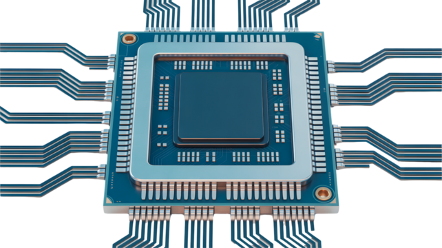 Microchip technology processor electronics circuit board computer hardware silicon integrated system cpu chip 100 on transparent background