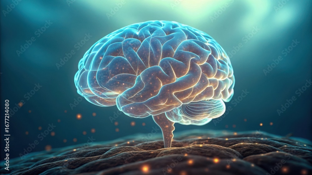 Poster futuristic brain with abstract digital interface design layered view