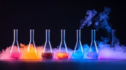 Chemistry Symphony: A vivid laboratory setup, featuring an array of Erlenmeyer flasks filled with a rainbow of colorful liquids, enveloped in plumes of vapor.