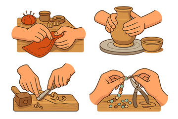 Crafting and skillful hands engaged in various artisan activities indoors during daytime hours, including sewing, pottery, woodworking, and jewelry making, vector cartoon illustration set