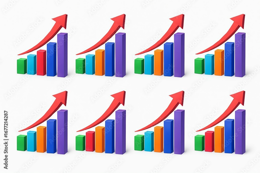 Poster multiple colorful bar graphs with red arrows showing upward growth and success