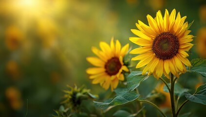 Two vibrant sunflowers in a field bathed in warm sunlight