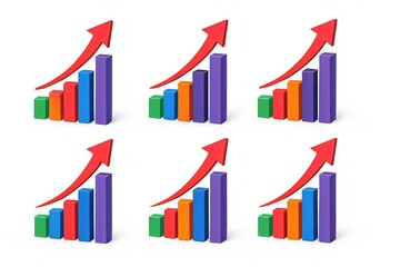 Six colorful 3d bar charts with red arrows indicating upward growth and success