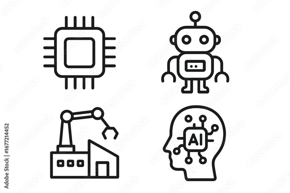 Aufkleber technology line icon pack with microchip, robot, factory, and artificial intelligence symbols for gr