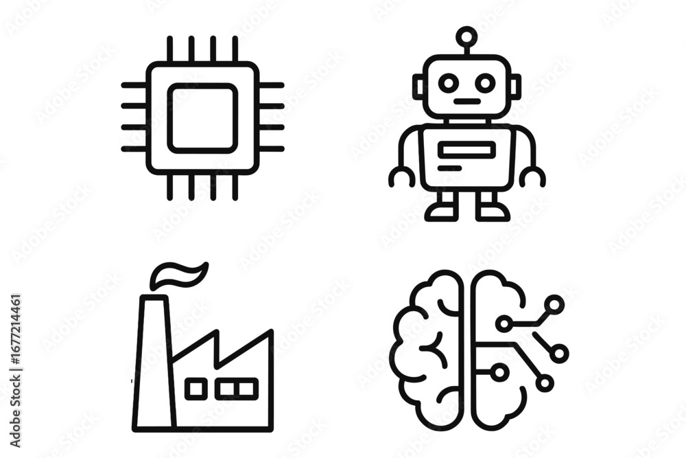Poster technology line icon pack with microchip, robot, factory, artificial intelligence symbols, outline s