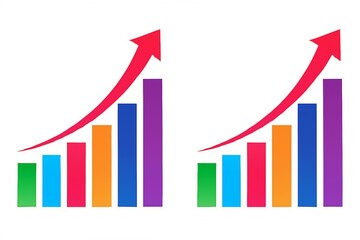 Two colorful bar graphs with upward trending red arrows indicating growth and success