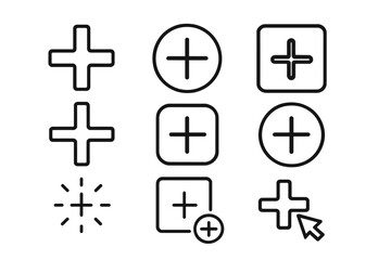 Set of Plus Sign Line Icons, Outline Symbols for Graphic and Web Design, Apps, Advertising, User Interface Elements, Button Icons, Web and Mobile UI Vector Illustration